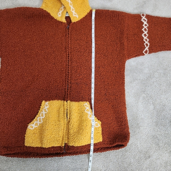 Hand Knit Chunky Hooded Wool Zip Jacket Size L Cozycore Brown Yellow Cozy Knit - Picture 8 of 12
